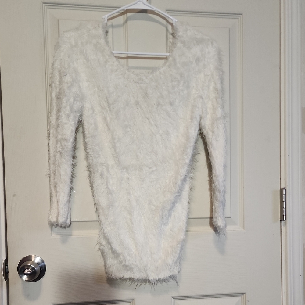 Fuzzy White Long Sleeve Sweater Dress